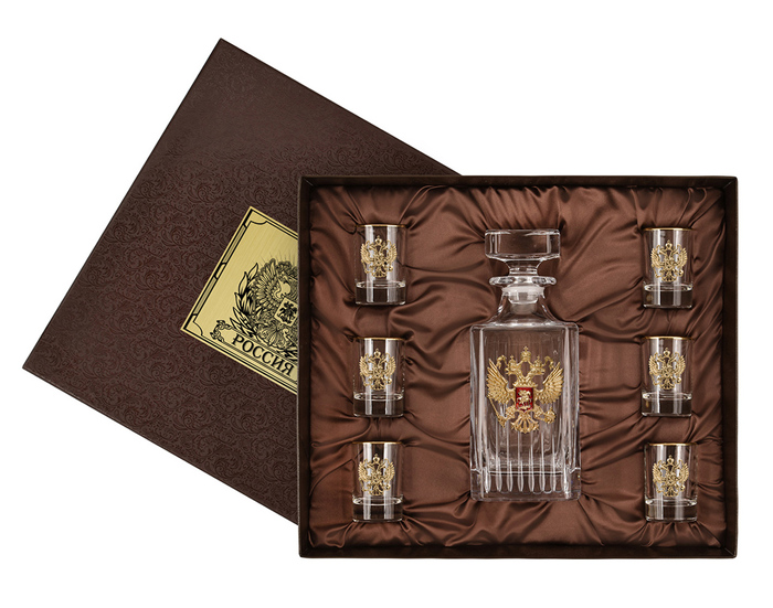 A set of "Coat of Arms of the Russian Federation" with a Timeless damask with an overlay "Coat of Arms of the Russian Federation" brass, and 6 glasses in a gift box